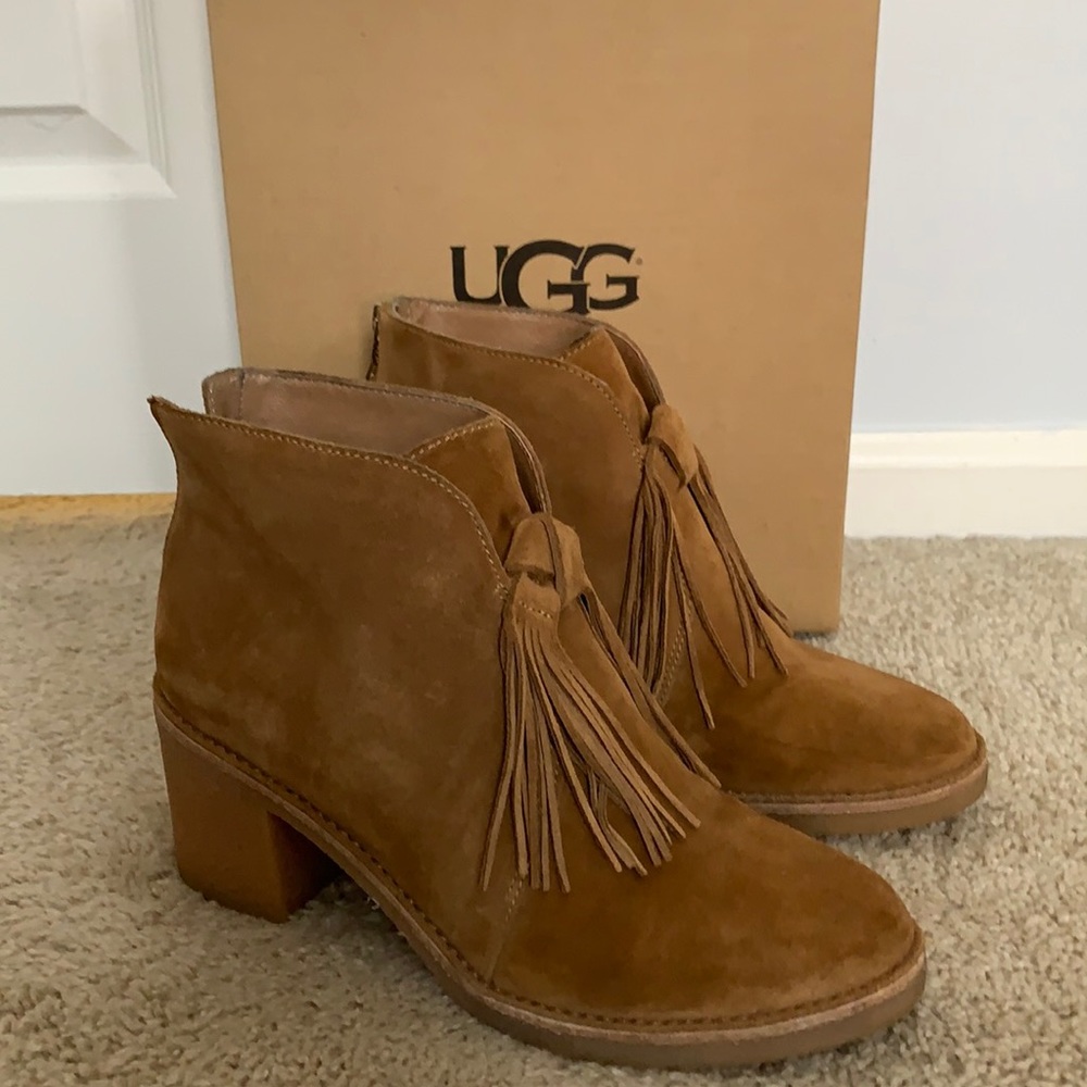 UGGS suede tassel boots, gold zipper in back